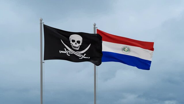 Paraguay flag and Corsair flag waving together on cloudy sky, endless seamless loop, two country relations concept