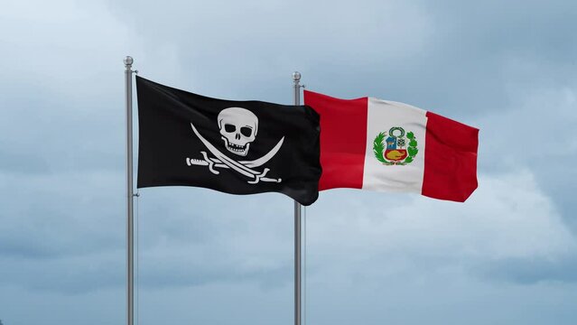 Peru and Corsair flag waving together on cloudy sky, endless seamless loop, two country cooperation concept