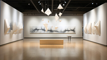 A modern art show with levitating geometric figures in a plain exhibition area.