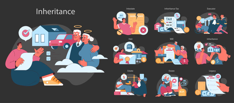 Inheritance dark or night mode set. Estate planning, tax considerations, and executor duties. Testament administration, property transferring paper. Flat vector illustration