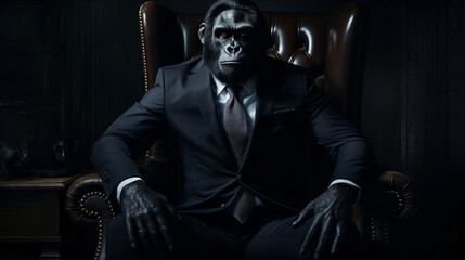 Fototapeta na wymiar A gorilla in a suit sitting on a chair
