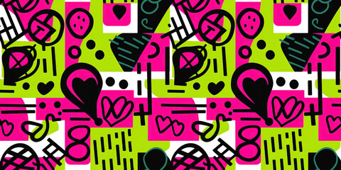 Hearts and bauhaus style seamless pattern. Valentine tile card in fuchsia, lime green and black colors.