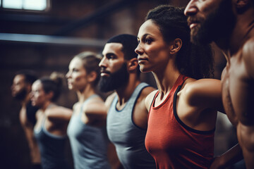 Group of diverse sporty women and men in row exercising together at gym. - obrazy, fototapety, plakaty