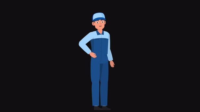 High resolution 2d cartoon male character in mechanic outfit talking on alpha channel background in seamless loop.