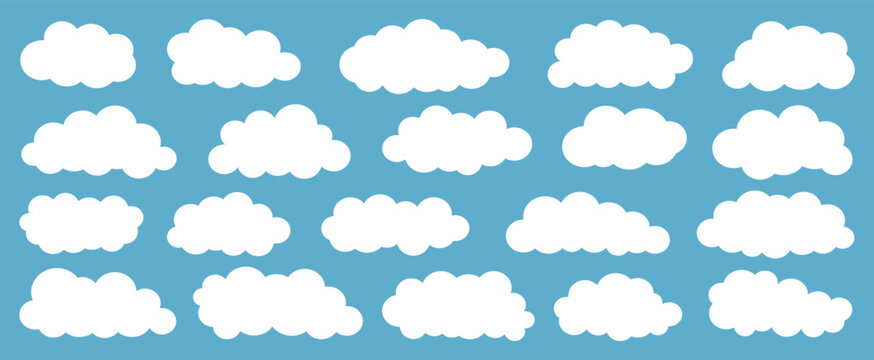 Big set of cartoon different clouds on blue sky. White various cloud collection isolated on blue background. Blue cloudy sky, weather symbols. Graphic design elements template. Vector illustration