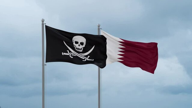 Qatar and Corsair flag waving together on cloudy sky, endless seamless loop, two country cooperation concept