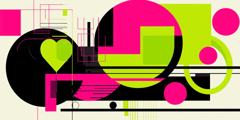 Hearts and bauhaus style. Valentine card in fuchsia, lime green and black colors.