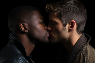 Mix raced young gay couple, Caucasian man and African ethnicity man kissing isolated on black background.