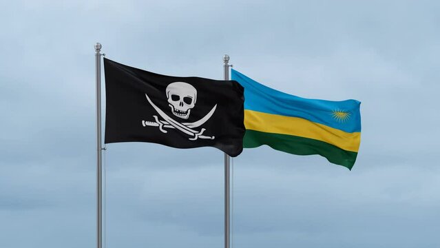 Republic of Rwanda and Corsair flag waving together on cloudy sky, endless seamless loop, two country cooperation concept