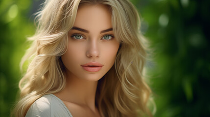Naklejka premium Portrait of a young blond woman with long wavy hair on green background