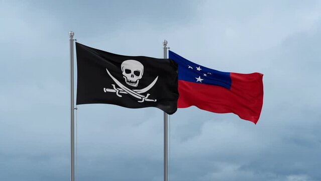 Samoa and Corsair flag waving together on cloudy sky, endless seamless loop, two country cooperation concept