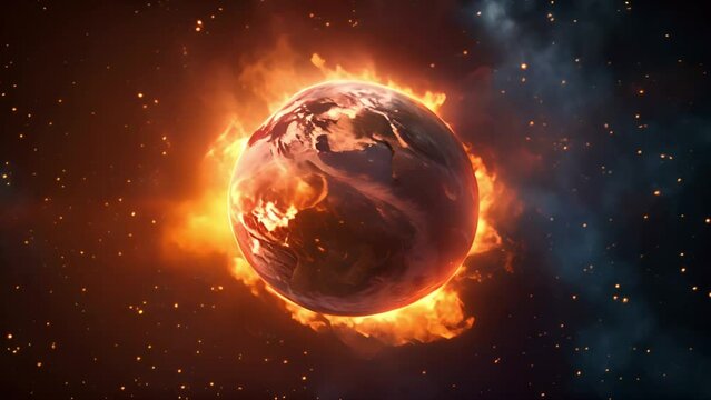 Earth on fire. Planet earth with fire flames in space . Burning War atomic explosion,hydrogen bomb,nuclear bomb,environment pollution concept. End of the world copy space
