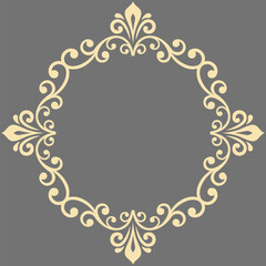 Oriental vector round gray golden frame with arabesques and floral elements. Floral round border with vintage pattern