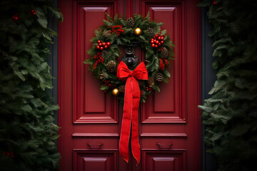 Fototapeta na wymiar Front door to an English home painted red with a Christmas wreath.