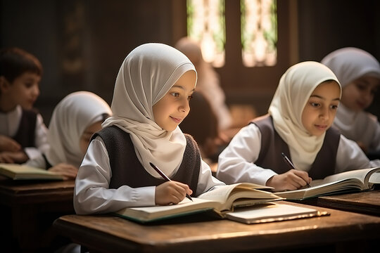 Group Of Children Sitting At The School Desk In The Classroom. Girls In Hijab During The Class.