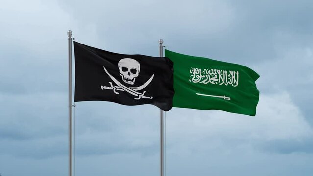 Corsair and Saudi Arabia flags waving together on cloudy sky, endless seamless loop