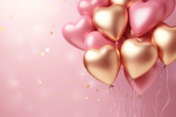 Stylish metallic pink and gold balloons with confetti. Valentine's day, international women day, romantic background - obrazy, fototapety, plakaty