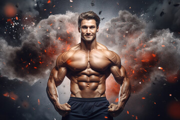 Fototapeta na wymiar Brutal strong athletic bodybuilder posing. Bodybuilding and healthy life concept.