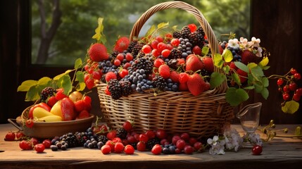 Capture the essence of a sun-kissed, freshly picked basket of assorted berries, bursting with flavor and color.