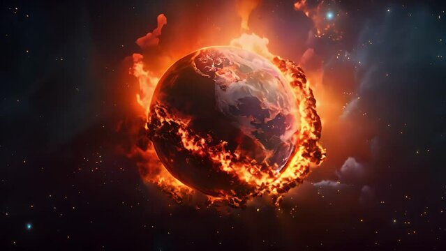 Earth on fire. Planet earth with fire flames in space . Burning War atomic explosion,hydrogen bomb,nuclear bomb,environment pollution concept. End of the world copy space