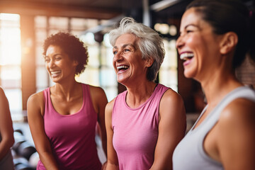 Group of mature women laughing while telling jokes after fitness class at health club. Conversation and comedy concept. Exercise, bonding and happy multi generation women chatting together at gym. - obrazy, fototapety, plakaty