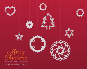 Vector Christmas theme. Bike components as Christmas decorations. Red background.