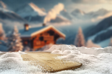 Wooden desk cover of snow flakes and blurred landscape of mountains. Cold december day. Empty space for your products. Mockup background and christmas time. Natural light. Snow and frost decoration.