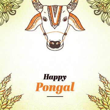 Happy Pongal Concept with Doodle Style Cow Or Bull Face, Wheat Ear and Floral Decorated Background.