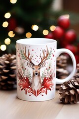 Tea mug with deer image on it over Christmas bokeh background. Ai Generative