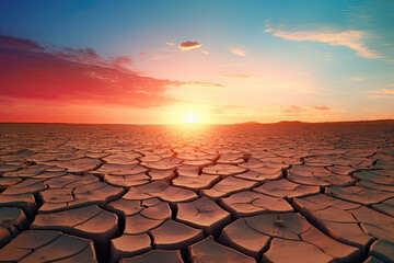 crack and drying in a desert at sunset. cracked mud sand in a desert - obrazy, fototapety, plakaty