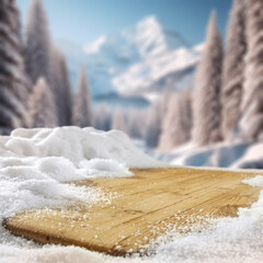 Wooden desk cover of snow flakes and blurred landscape of mountains. Cold december day. Empty space for your products. Mockup background and christmas time. Natural light. Snow and frost decoration. - 687981193