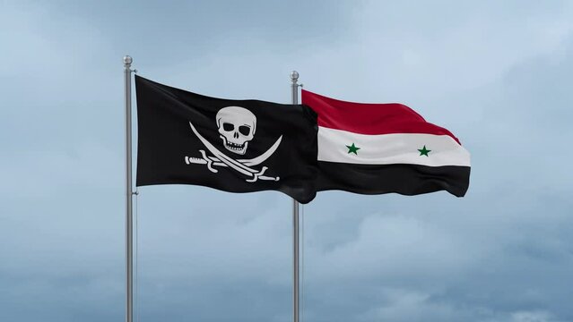 Syrian Arab Republic, Syria and Corsair flag waving together on cloudy sky, endless seamless loop, two country cooperation concept