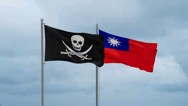 Taiwan and Corsair flag waving together on cloudy sky, endless seamless loop, two country cooperation concept