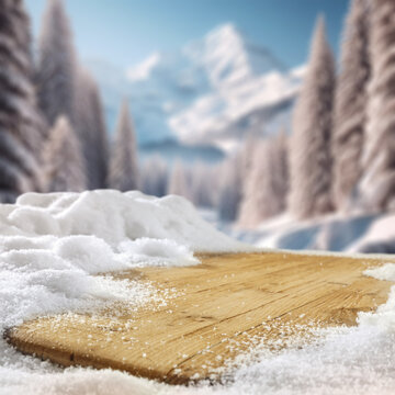 Wooden desk cover of snow flakes and blurred landscape of mountains. Cold december day. Empty space for your products. Mockup background and christmas time. Natural light. Snow and frost decoration.