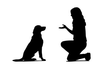 vector silhouette of woman training dog isolated on white background Command sit sitting	
