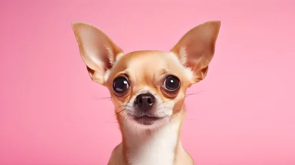 Fotobehang cute little pet dog chihuahua headshot on studio photo shot on pink color background, copy space. Generative AI © PSCL RDL