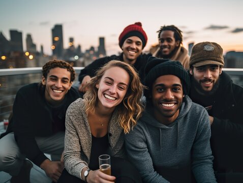 Diversity Friends Hispanic Asian Caucasian African Enjoying A Rooftop Party Friends Hanging Out On A Rooftop Good Time During A Party