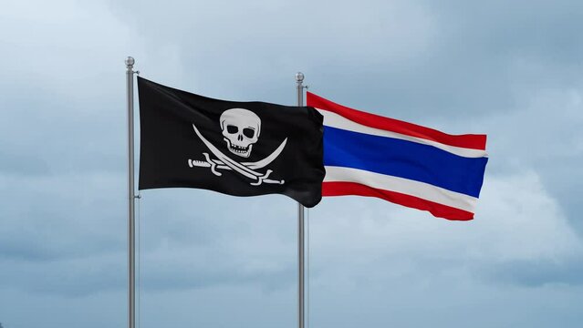 Kingdom of Thailand and Corsair flag waving together on cloudy sky, endless seamless loop, two country cooperation concept