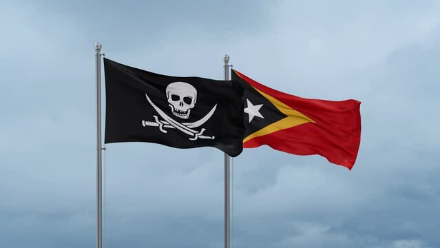 East Timor and Corsair flag waving together on cloudy sky, endless seamless loop, two country cooperation concept