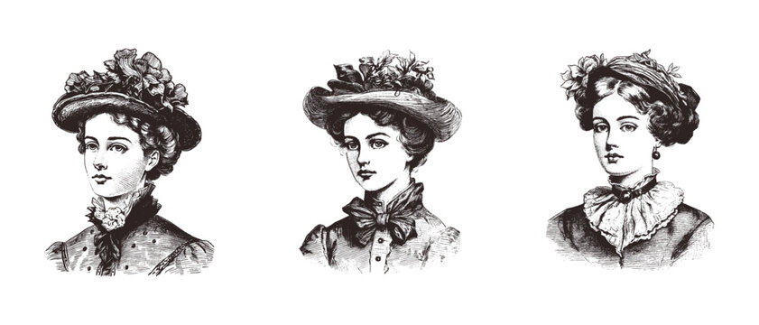 Set Vector portrait of a woman. Vintage Illustration in engraving style isolated on white victorian era Elegant woman in Hat	
