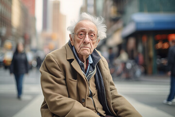 portrait of an elderly man, a pensioner against the background of the city - obrazy, fototapety, plakaty