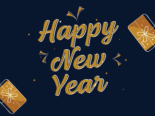 Fototapeta na wymiar Red Happy New Year Font with Top View Of Gift Boxes On Dark Blue Background.