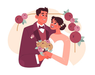 Wedding Ceremony concept. A radiant bride and groom stand close, enveloped by floral decorations, as she clutches a vibrant bouquet. Moments of love. Nuptial bliss. Flat vector illustration.