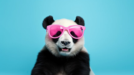 cute panda bear with pink sunglasses on blue background with copy space