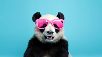 Zelfklevend Fotobehang cute panda bear with pink sunglasses on blue background with copy space © Rangga Bimantara