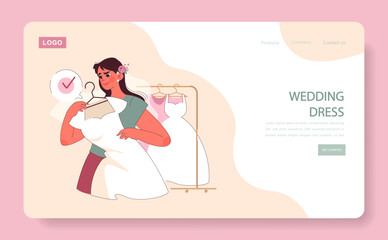 Perfect Choice: A delighted bride-to-be finds her dream wedding dress, symbolizing a moment of joy and preparation. Vector flat illustration.