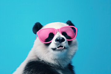 cute panda bear with pink sunglasses on blue background with copy space