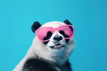 Schilderijen op glas cute panda bear with pink sunglasses on blue background with copy space © Rangga Bimantara