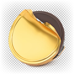 Vector 3D realistic chocolate coin unwrapped in gold foil. Illustration isolated on white background.
