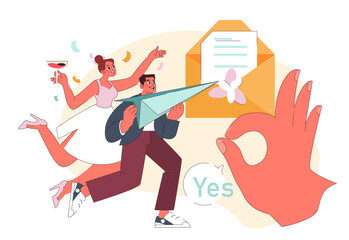 RSVP concept. An enthusiastic couple rides a paper plane towards a giant Yes RSVP envelope. Accepting the invite with zest. Adventure awaits. Flat vector illustration.
